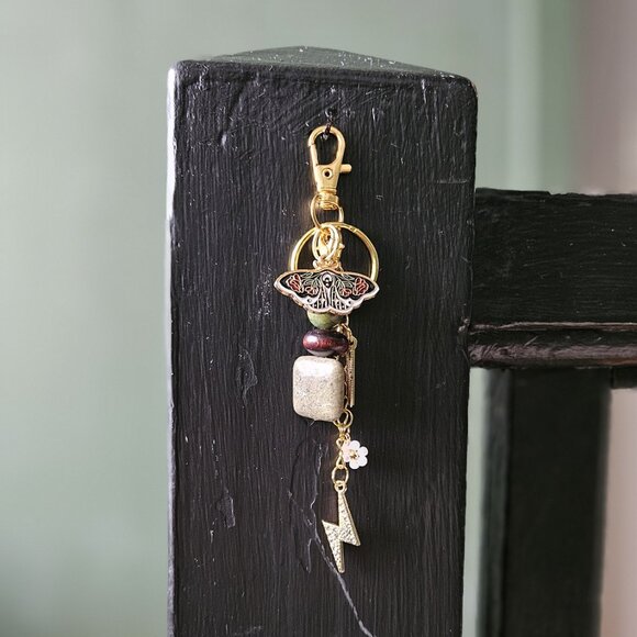 Handmade Earthy Keychain with Natural Stone Beads, Lightning Bolt Charm & Butter - Picture 7 of 7